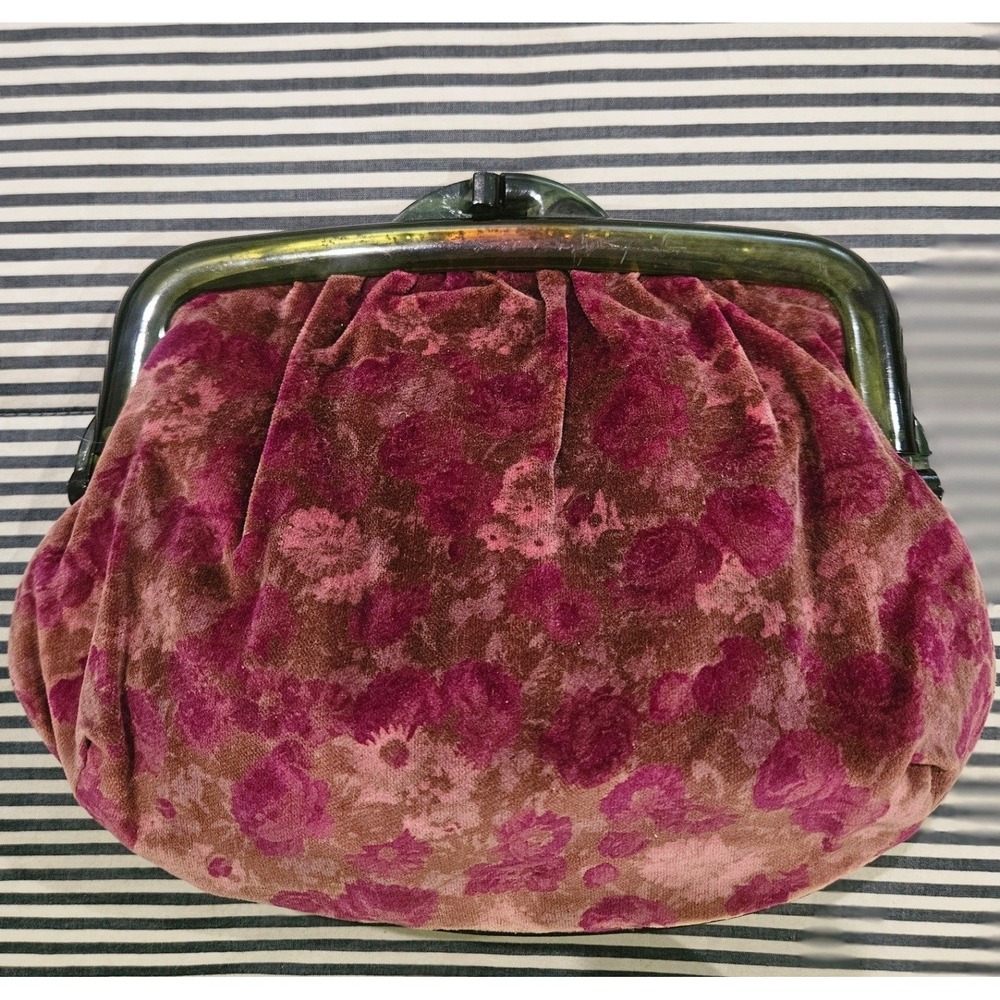 Vintage Floral Velvet Clutch Bag Dark Green Lucite Frame Mid-Century Style